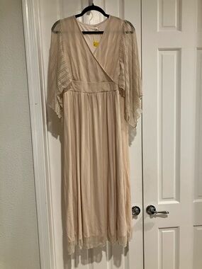 Maternity Maxi Dress Wrap V Neck, L, Champagne